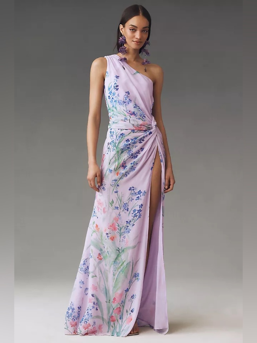 SAU LEE Gwendolyn One-Shoulder Dress Floral Lavender Purple Size 6